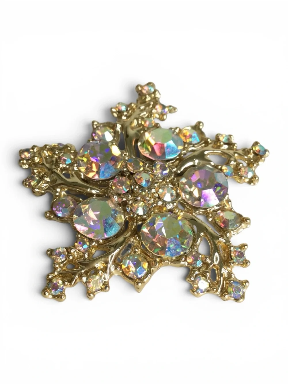 Vintage 1950s Satin Gold Abstract Starburst Brooch with AB Rhinestones - Picture 7 of 11